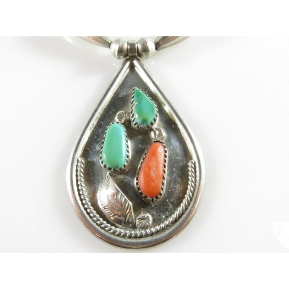 Tsethlikai Jo. Zuni Sterling Silver Coral Turquoise Bench Made Sterling Necklace - Picture 5 of 10
